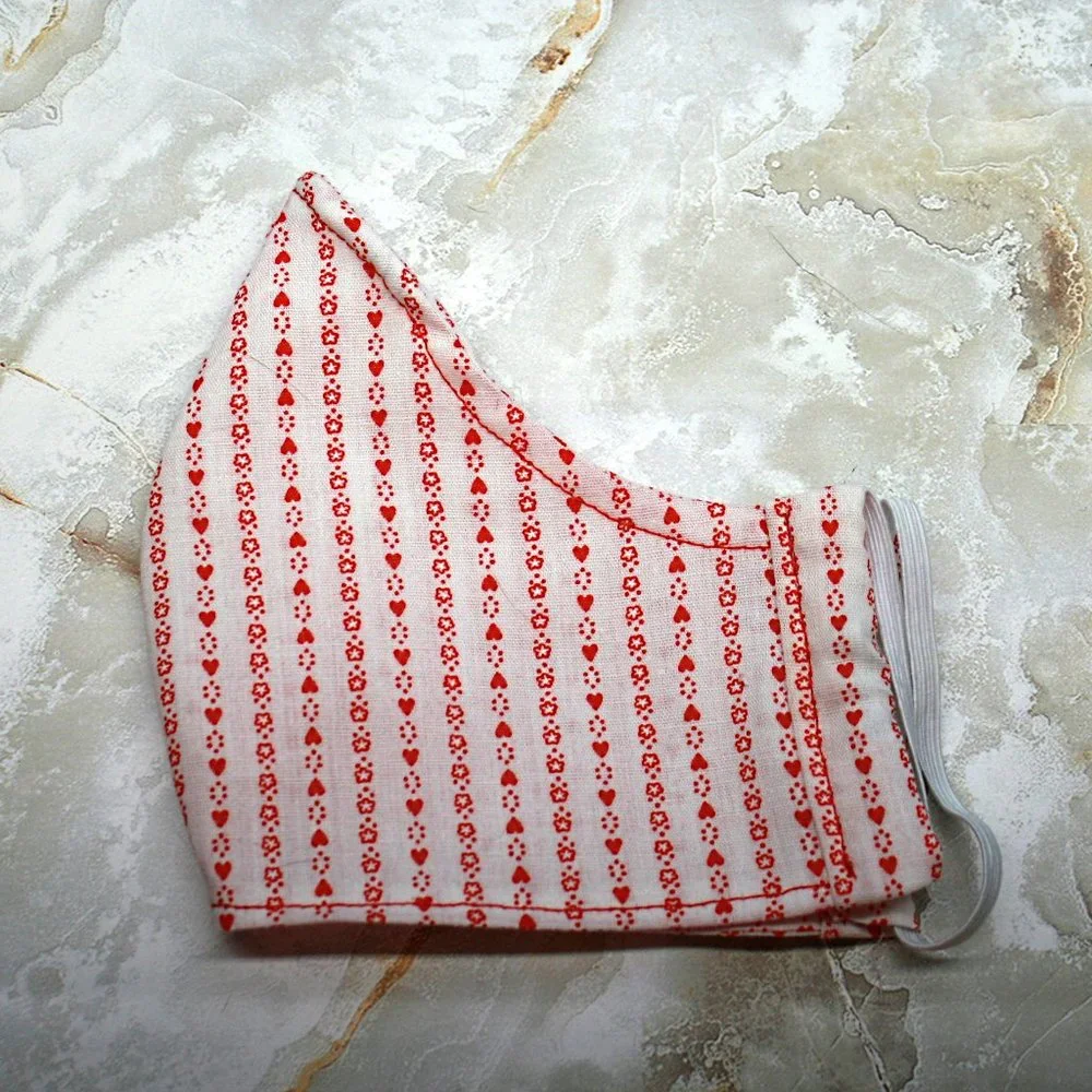 HAND CRAFTED Face Mask Hearts Stripe Adult Cloth Fabric Print - Shield Style